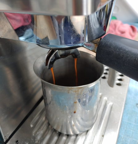 Espresso fließt in Becher Rancilio silvia